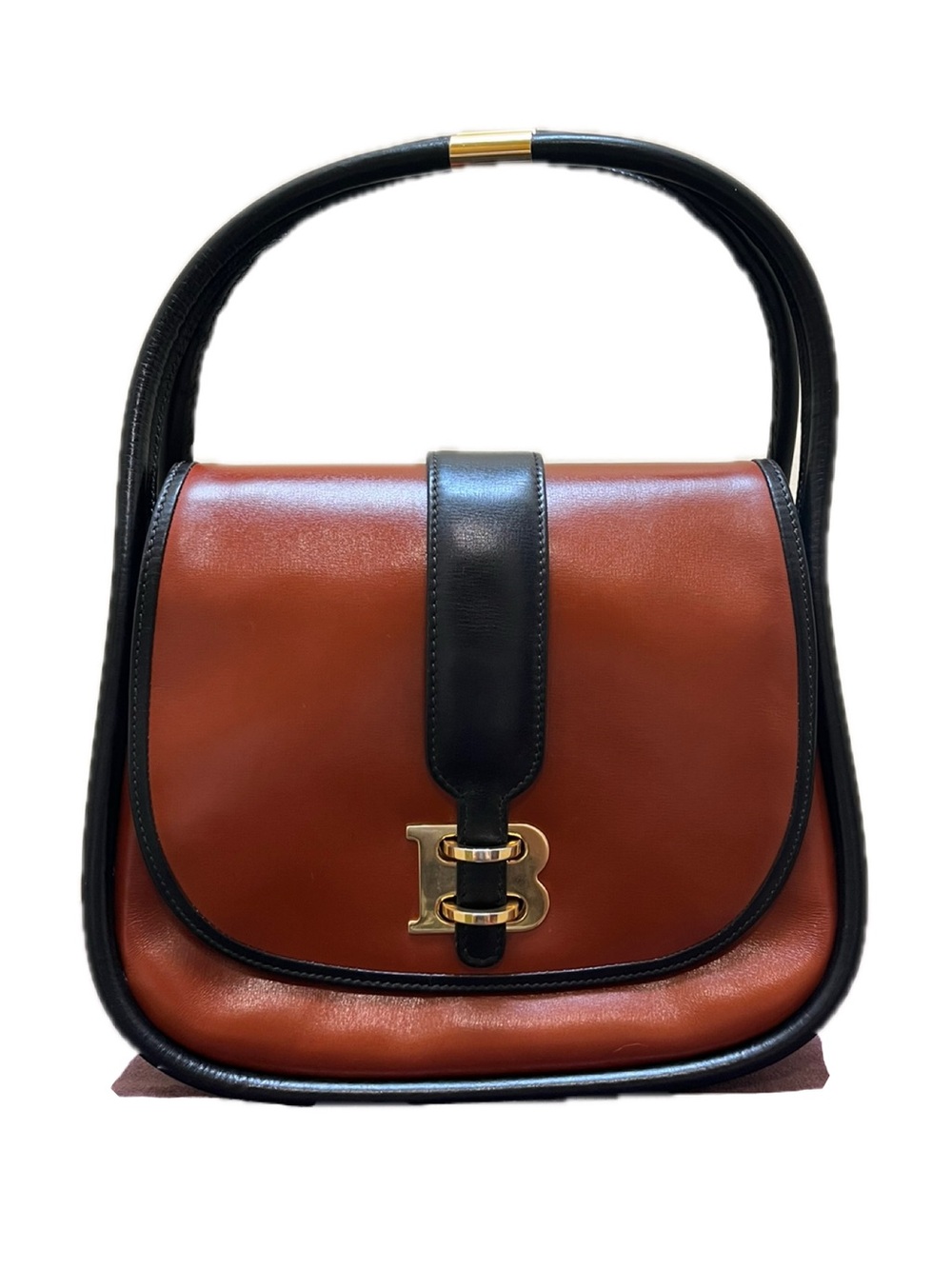 Bally Vintage 1980s Brown & Black Leather Top Handle Bag B Logo Clasp